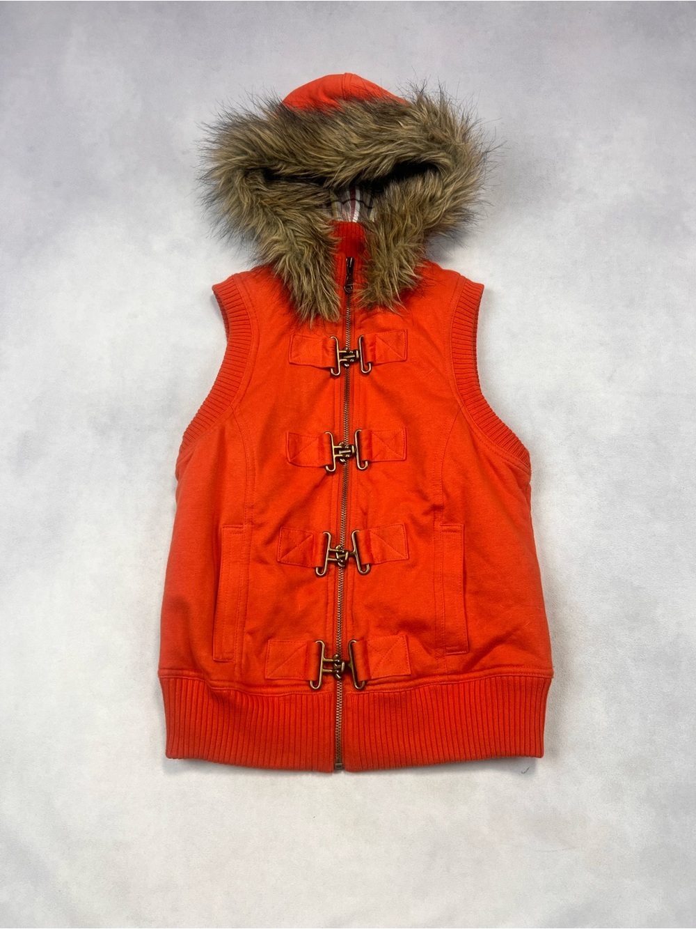 Mudd Orange Hooded Vest with Faux Fur Trim y2k